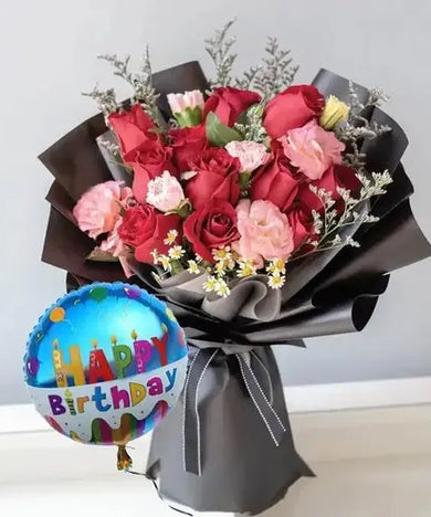 Birthday bouquet with red roses, pink carnations, balloon & gift wrap. Dubai flower delivery (UAE).