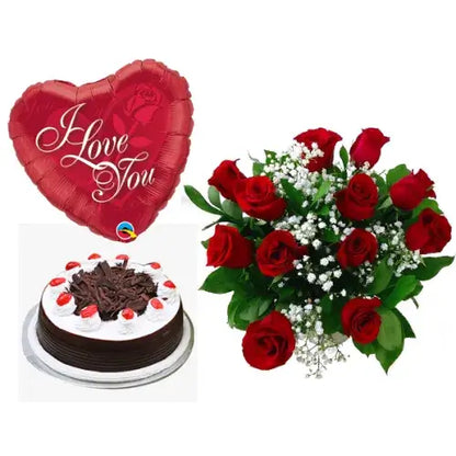 Black Forest cake & red roses gift basket with heart balloon delivered in Dubai (UAE).