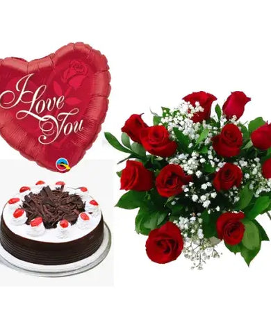 Send a delightful Black Forest cake & roses gift set for any occasion (UAE).