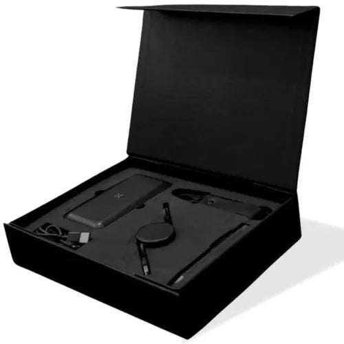 Black gift box with leather power bank, retractable cable, pen, keychain (Sophisticated Style Gift Set)