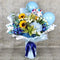 Birthday bouquet with blue and white flowers, balloons, and gift wrap. Dubai flower delivery (UAE).