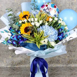 Celebrate a birthday with a bang! Blue and white flower bouquet with balloons, delivered fresh across UAE.