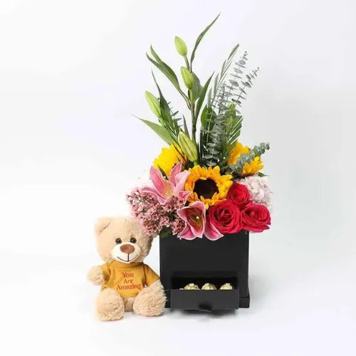 Buy Flower Box Online UAE - Brightness with Teddy Bear and Flowers