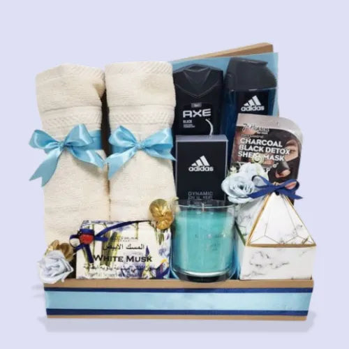 Buy gifts for men in Dubai – Gent's Refresher Box with Adidas, AXE, handmade soap, and Belgian chocolate.