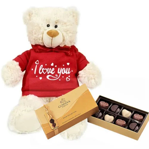 Buy Godiva Gold online in UAE – a luxurious 8-piece chocolate collection with a soft I Love You teddy bear.