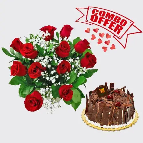 Cake and Flower Delivery in UAE: Black Forest Cake and Red Roses