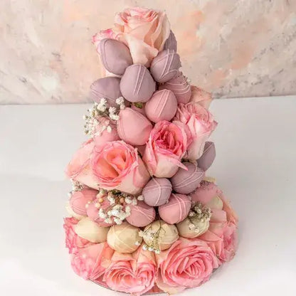 Chocolate Strawberries and Roses Tower with 35-40 chocolate-covered strawberries and pink roses available for delivery in Dubai