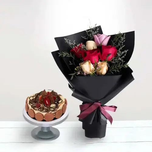Gift basket with mixed roses & marble cake. Thank you gift with flower & cake delivery UAE.