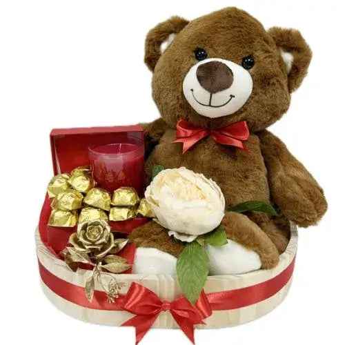 Sweet and romantic gift basket with teddy bear and chocolates for your loved one (UAE).