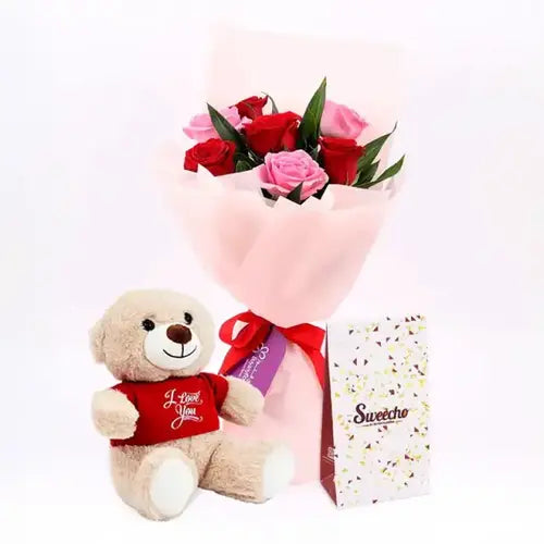 Cute 7 Roses Bouquet Trio with Teddy & Chocolates – Romantic Gift in UAE