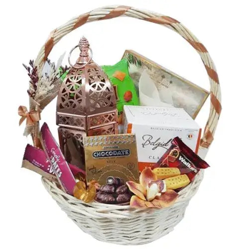 Arabian gift basket with dates, nuts, chocolates, and more (giftshop.ae)