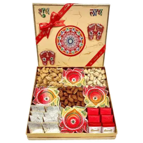 Festive Diwali gift box with almonds, cashews, and Diyas