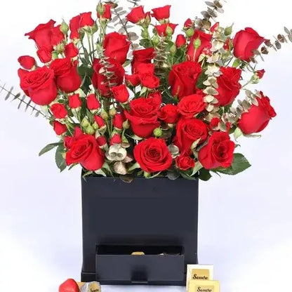 Elegant Black Flower Box with 15 Red Roses and Chocolates