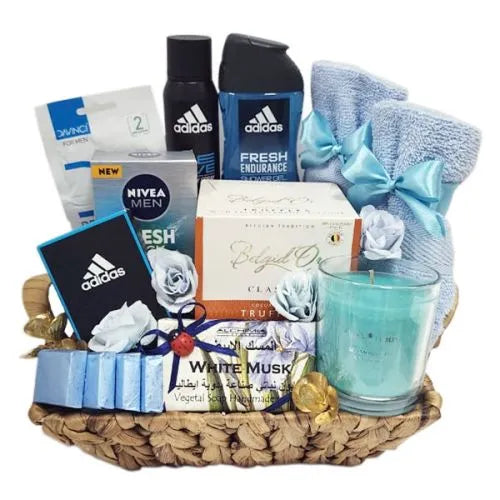 Men's spa essentials, chocolates & stress relief gift hamper with Dubai delivery (UAE)