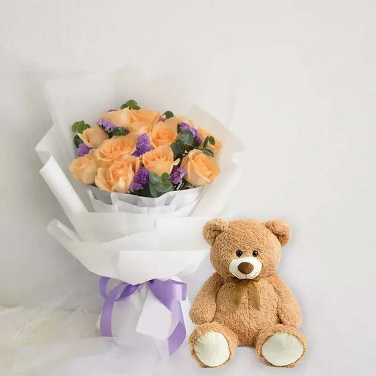 Peach Roses and Teddy Bear Combo