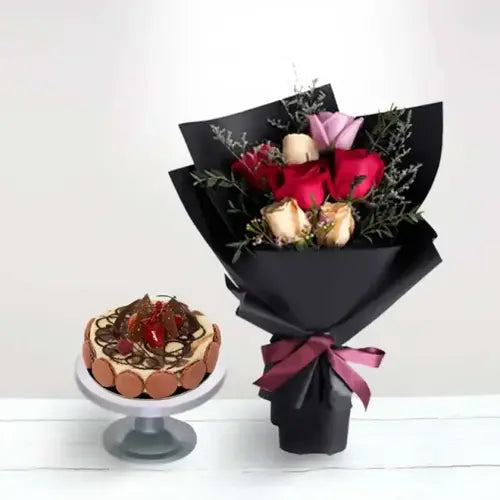 Elegant mix roses bouquet with delicious marble cake – Perfect for birthdays and celebrations in Dubai. Order online at Giftshop.ae