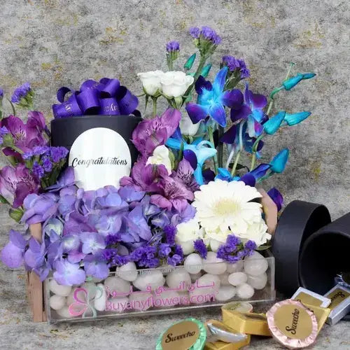 Purple Hydrangea and Premium Chocolates Gift Box