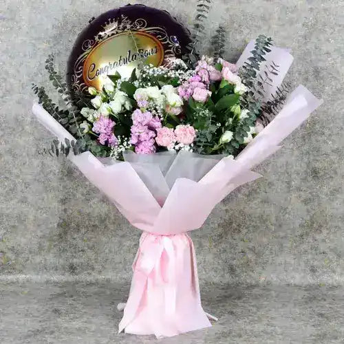 Pastel Flower Bouquet with Congratulations Balloon