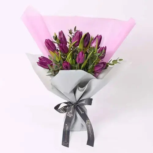 Flower and Chocolates Combo - Purple Tulips and Patchi Chocolates in UAE