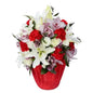 For Lovely Woman Flower Arrangement with cymbidium, lilies, carnations, and lisianthus in a handmade red vase available in Dubai