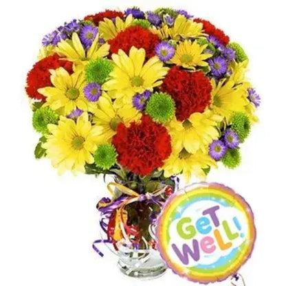 Get well flower bouquet with red, yellow & purple blooms, delivered in Dubai (UAE).