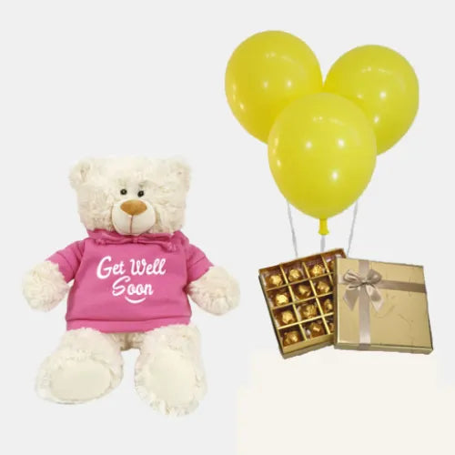 Get Well Soon Teddy with Belgian Chocolates & Balloons for Him/Her in UAE