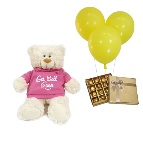 Get well gift basket with teddy bear, chocolates & balloons for a speedy recovery (UAE).