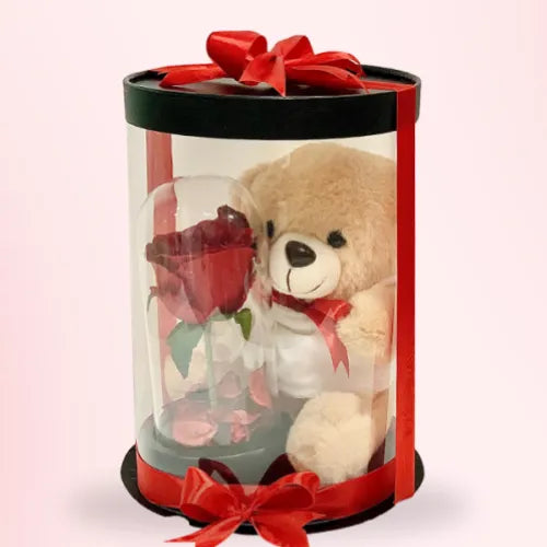 Gift for girlfriend in Dubai - artificial red rose glass-covered deco and soft teddy gift