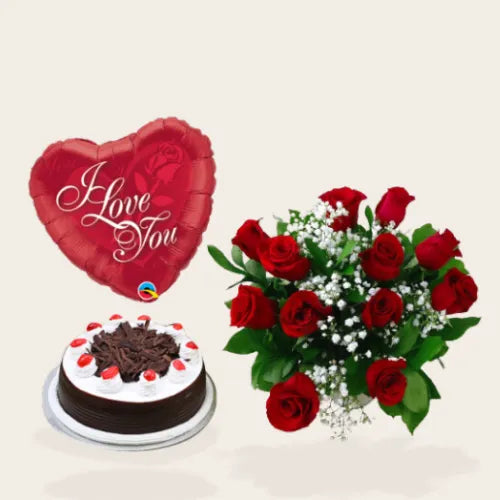 Romantic gift for wife in UAE with a Black Forest cake, 12 red roses bouquet, and a heart-shaped helium balloon