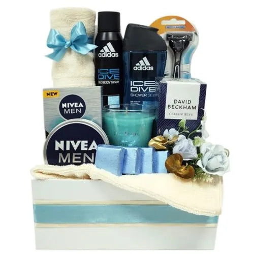 Gift ideas for men in Dubai, UAE – Sweet Treats hamper with grooming products and chocolates