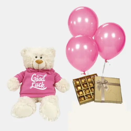 Good Luck Teddy with Belgian Chocolates & Balloons for Gift Giving in UAE