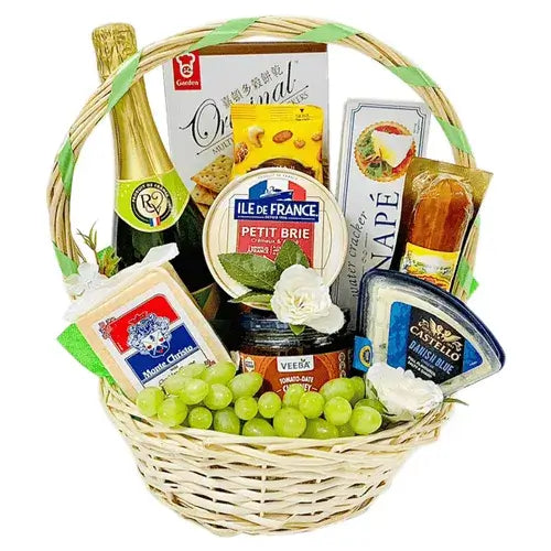 Gourmet gift basket with cheese and fruits