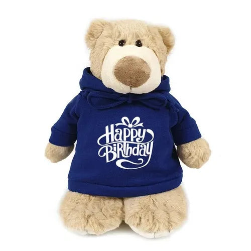 Soft and cuddly 28cm teddy bear wearing a blue "Happy Birthday" hoodie. Perfect birthday gift for kids in Dubai.