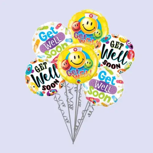 Helium balloons – Get Well Soon foil balloon bouquet with six colorful helium-filled balloons and ribbons