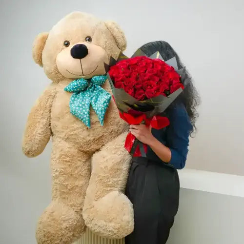 Love 51 Red Roses and 5ft Beige Teddy Bear Gift