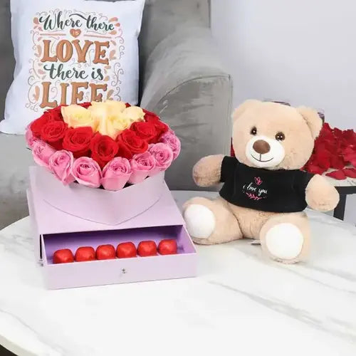 Love gift set with roses and teddy in Dubai, UAE