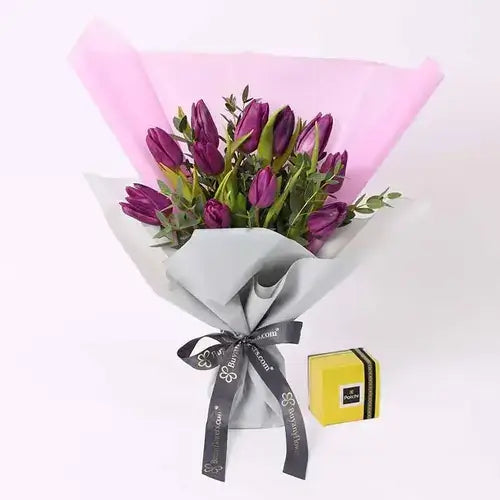 Mauve Beauty 11 Purple Tulips Bouquet with 250g Deluxe Patchi Chocolates