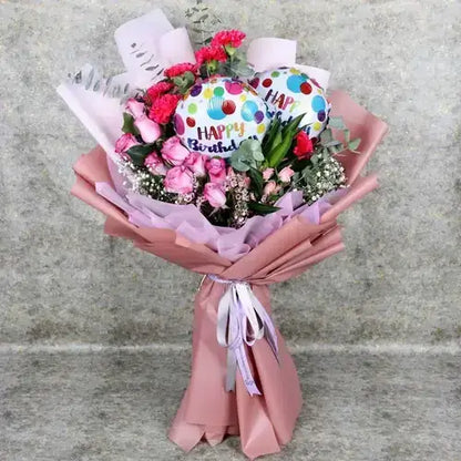 Birthday bouquet with deep purple roses, balloons & gift wrapping (UAE delivery)