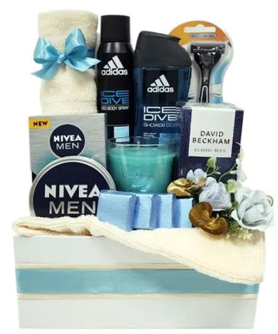 Upgrade his routine with a gift basket of grooming products & chocolate in Dubai