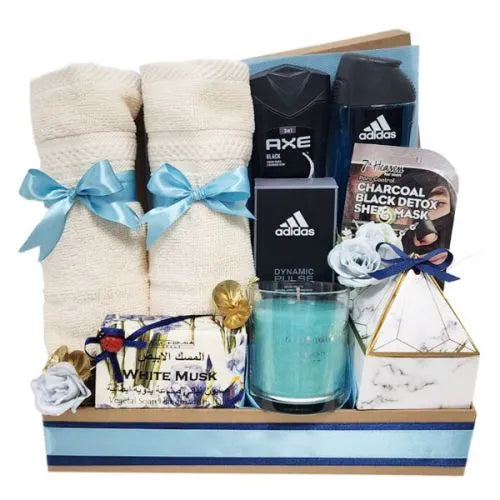 Men's spa essentials, chocolate & flowers gift hamper with Dubai delivery (UAE)