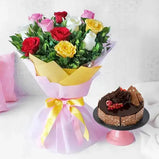 Gift basket with roses in red, pink, white & yellow, & fudge cake. Dubai flower & cake delivery (UAE).