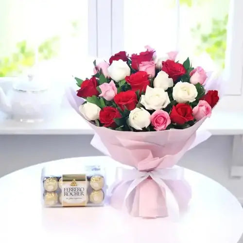 Mix Roses Bouquet with Ferrero Rocher chocolates – Send flower bouquet online in Dubai, UAE