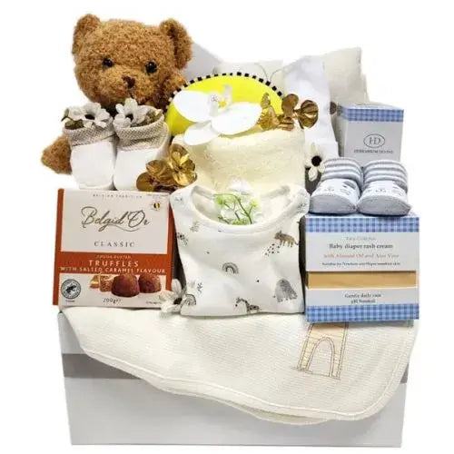 Deluxe baby gift set with soothing essentials, adorable clothes & treats for parents (UAE).