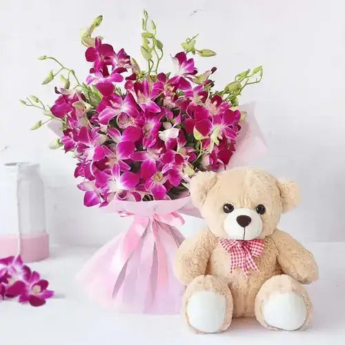 Soft teddy bear with purple orchids gift combo for UAE delivery