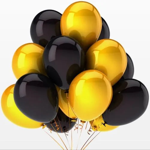 Gold & black helium balloon bouquet for a festive party decoration (UAE).