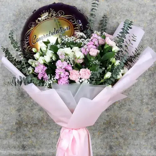 Sweet Celebrations: Pastel Flower & Congrats Balloon Bouquet (Dubai)