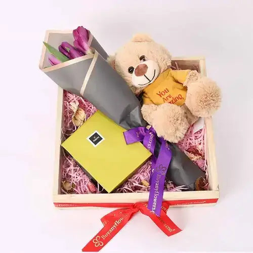 Purple Tulips and Patchi Chocolate Gift Box Dubai