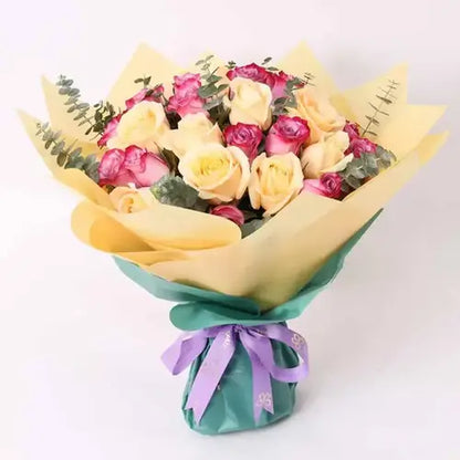 Elegant flower and chocolate delivery in UAE - peach and purple bouquet