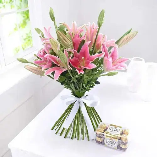 Pink Lily Flower Bunch with Ferrero Rocher Chocolates Gift UAE