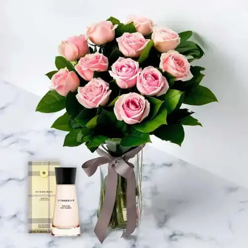 Pink roses in cylinder glass vase with Burberry Touch Perfume 100ml in UAE